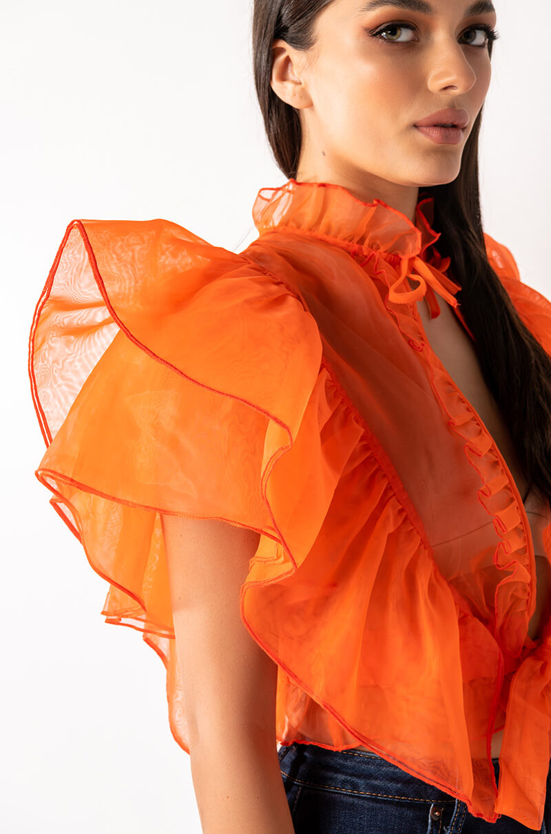 OUTTA MY WAY RUFFLE SLEEVE ORGANZA TIE FRONT BLOUSE