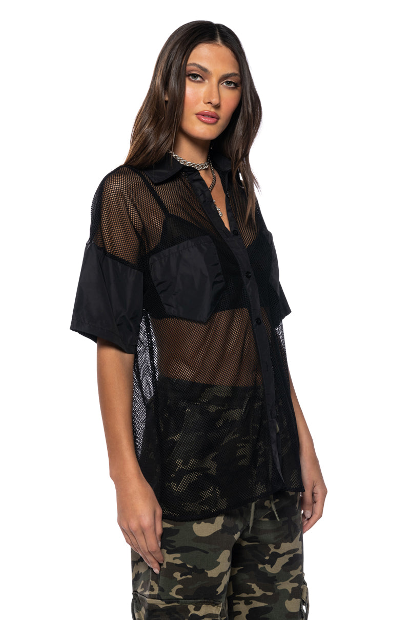 OVERSIZED MESH SHORT SLEEVE BUTTON DOWN IN BLACK