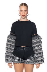 PAINT ME IN PLAID RUFFLE SLEEVE PULLOVER