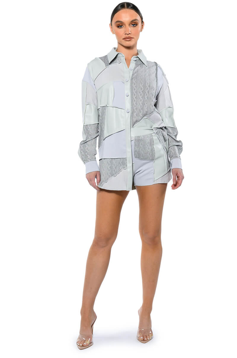 PATCHWORK SHADES OF GREY FAUX LEATHER SHORTS