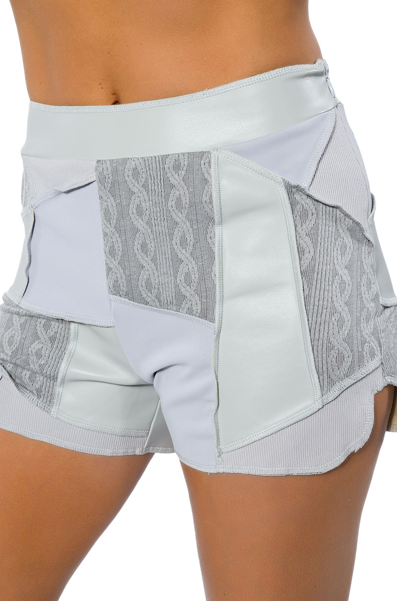 PATCHWORK SHADES OF GREY FAUX LEATHER SHORTS