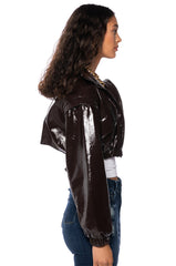PATENT BROWN CROP BOMBER JACKET