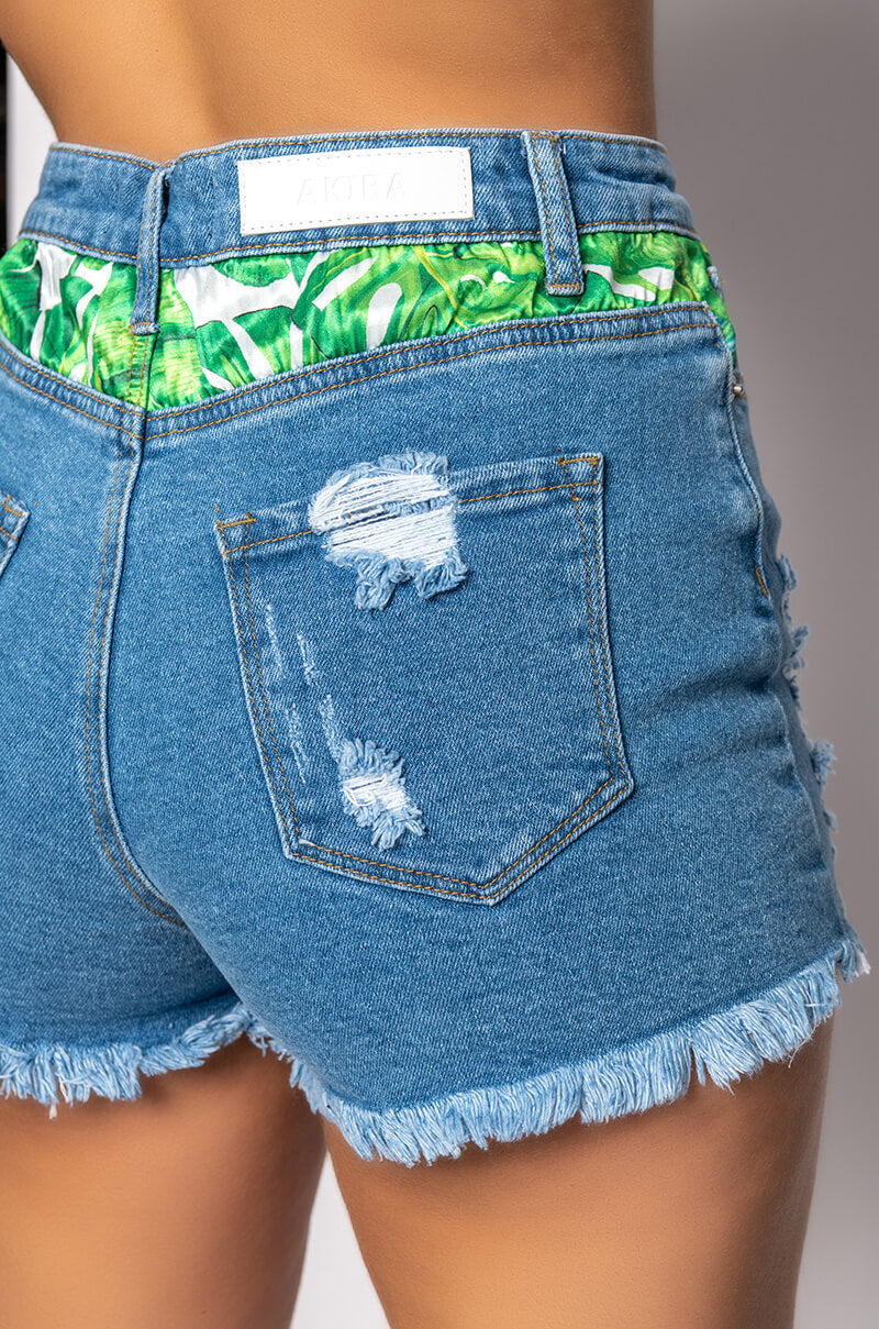 PEEKABOO LEAF PRINT HIGH RISE DISTRESSED JEAN SHORTS