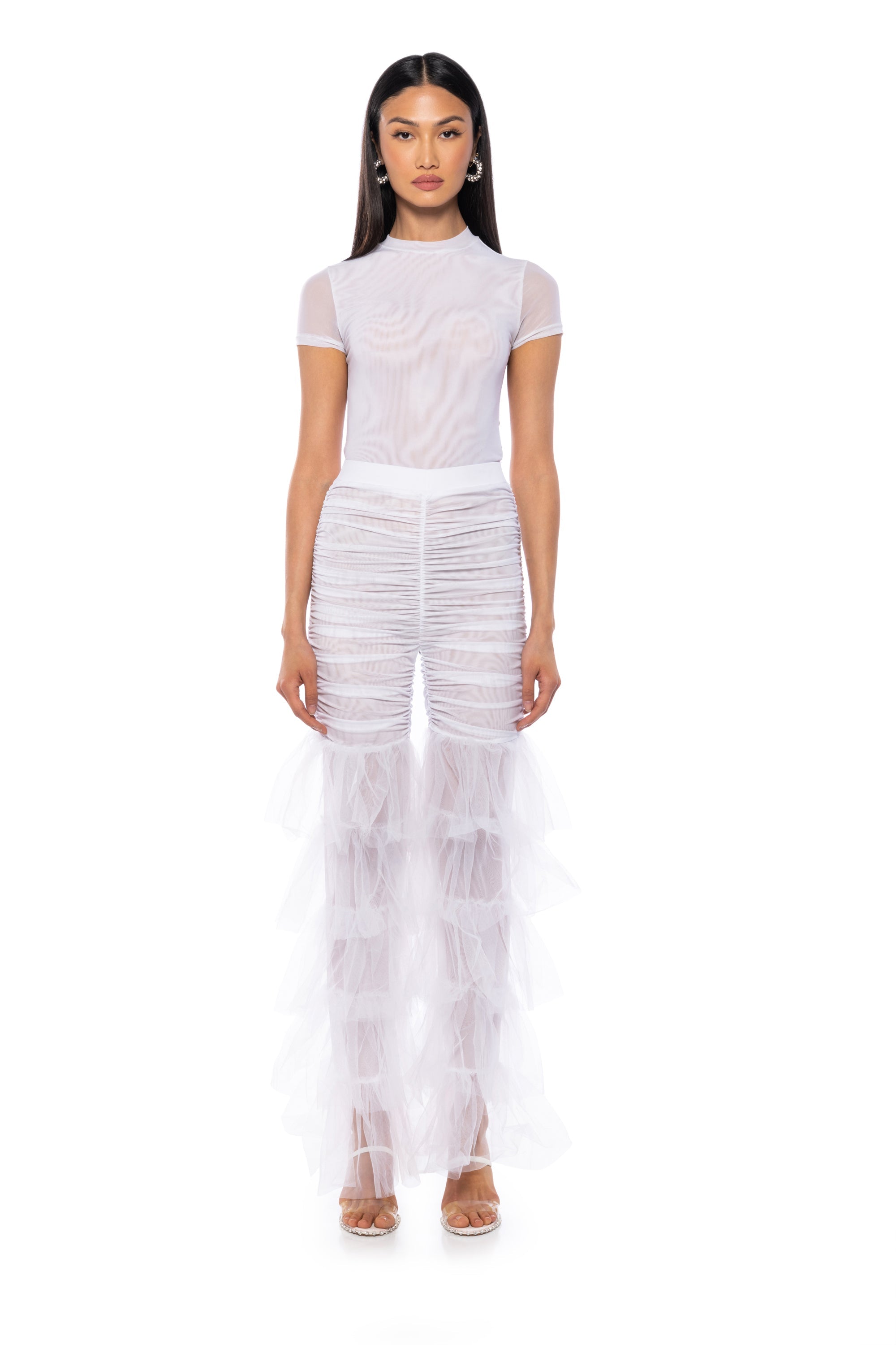 SAMMIE CINCHED MESH FLARE LEG PANT IN WHITE