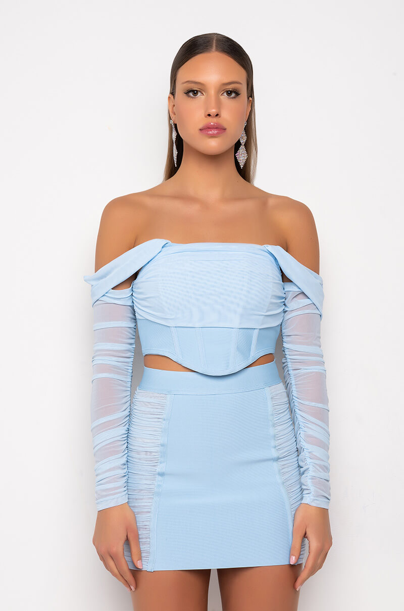 PERFECTIONIST CORSETED BANDAGE OFF THE SHOULDER BLOUSE