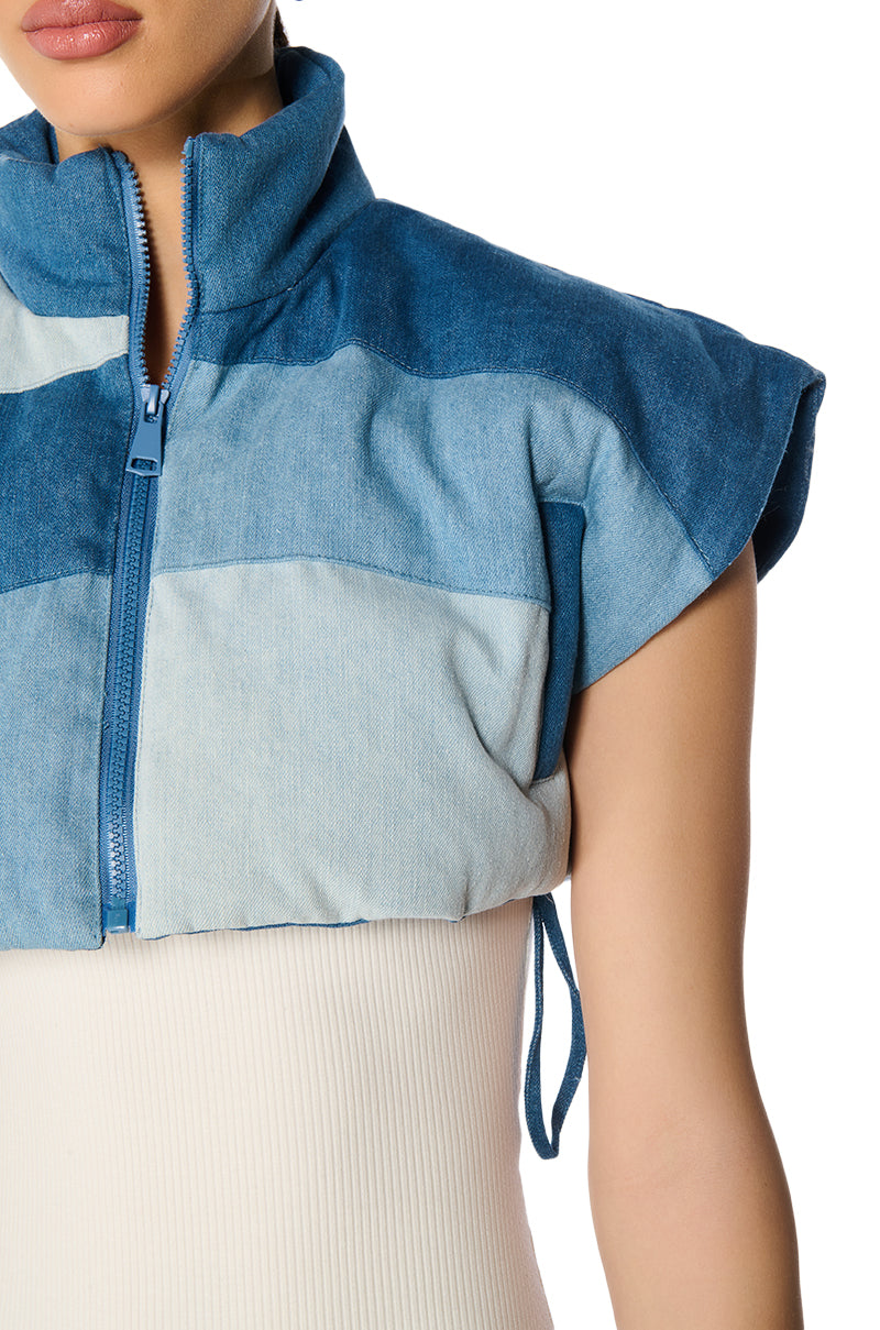 PERI PERI PUFFER VEST IN DENIM
