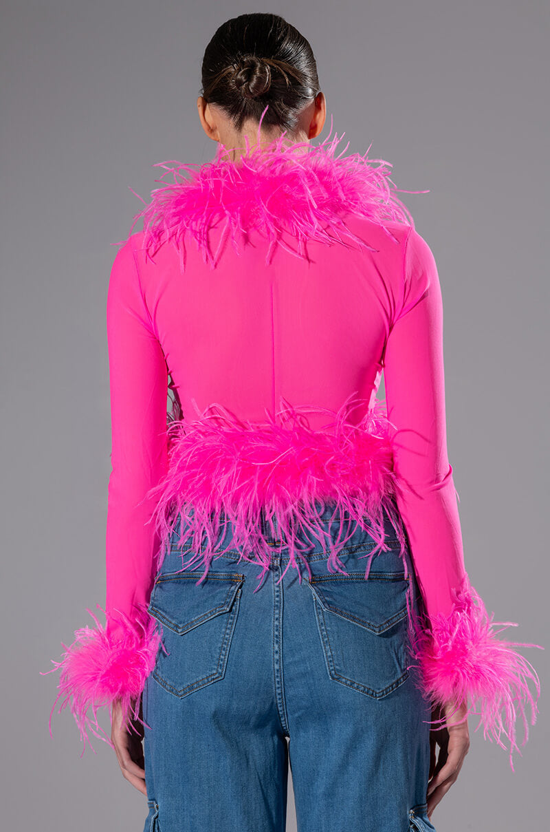 PINK ANGEL MESH FEATHER TRIM TOP
