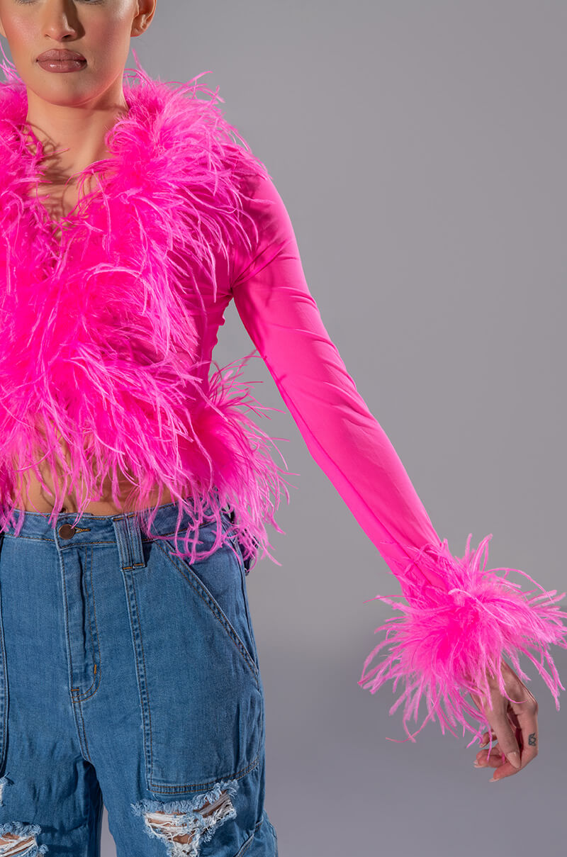 PINK ANGEL MESH FEATHER TRIM TOP