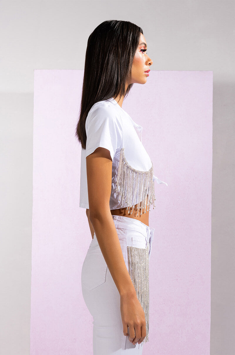 PIPING HOT RHINESTONE TIE FRONT CROPPED TSHIRT