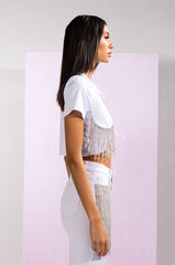 PIPING HOT RHINESTONE TIE FRONT CROPPED TSHIRT
