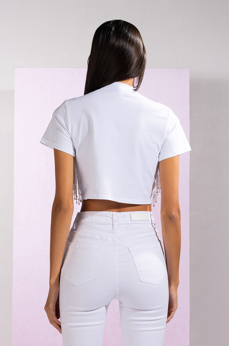 PIPING HOT RHINESTONE TIE FRONT CROPPED TSHIRT