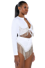 PIPING HOT RHINESTONE TIE FRONT LONG SLEEVE TSHIRT
