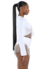 PIPING HOT RHINESTONE TIE FRONT LONG SLEEVE TSHIRT