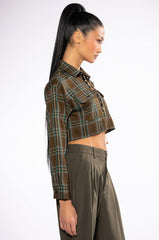 PLAID ROMANCE CHAIN LACE UP CROPPED BLOUSE