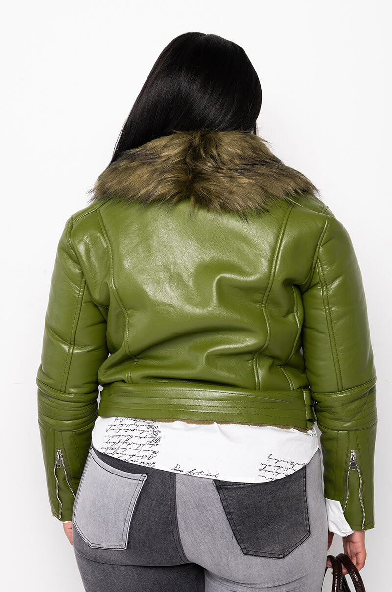 PLUS DOUBLE BONDED FAUX FUR MOTO JACKET