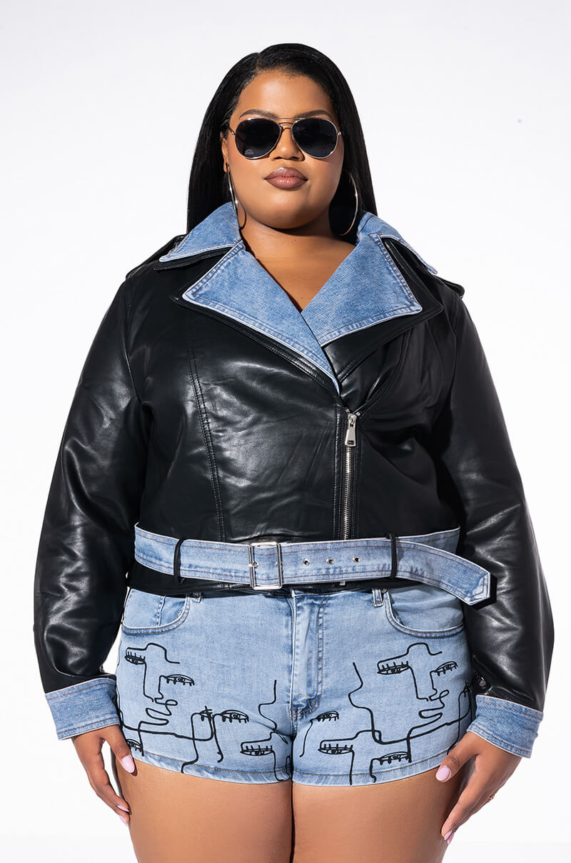 PLUS DOUBLE TROUBLE DENIM MOTO JACKET