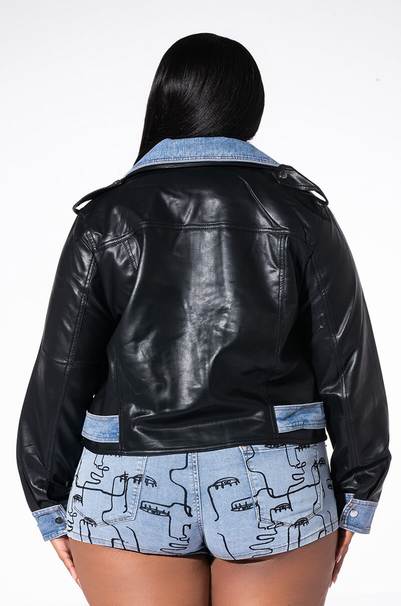 PLUS DOUBLE TROUBLE DENIM MOTO JACKET