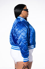 PLUS NO CAP CROPPED SATIN VARSITY BOMBER