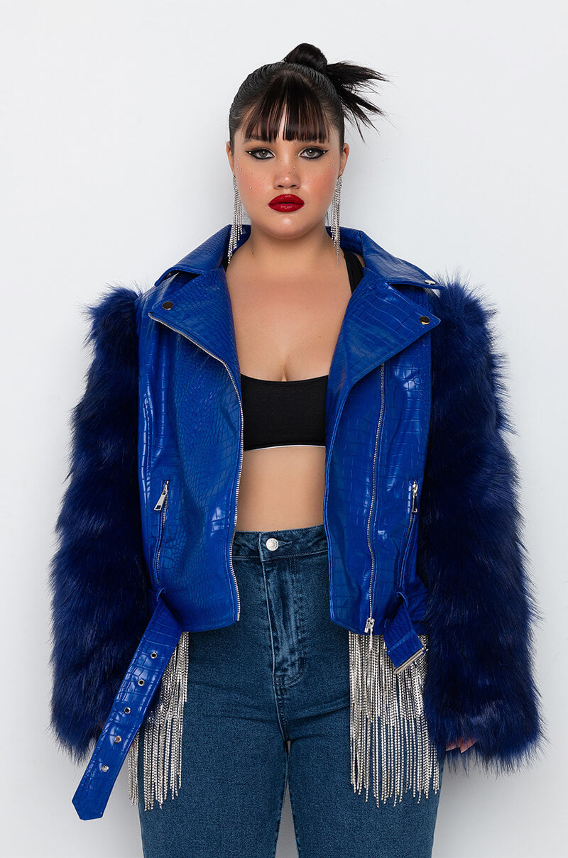 PLUS AZALEA WANG NOLLA FAUX FUR ARMS CROC MOTO JACKET