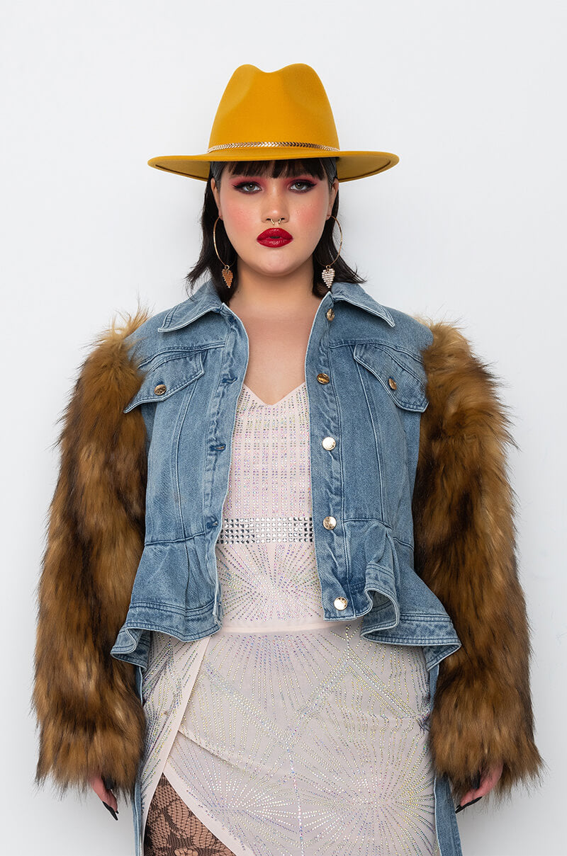 PLUS AZALEA WANG PORTUGAL DENIM FAUX FUR ARM JACKET