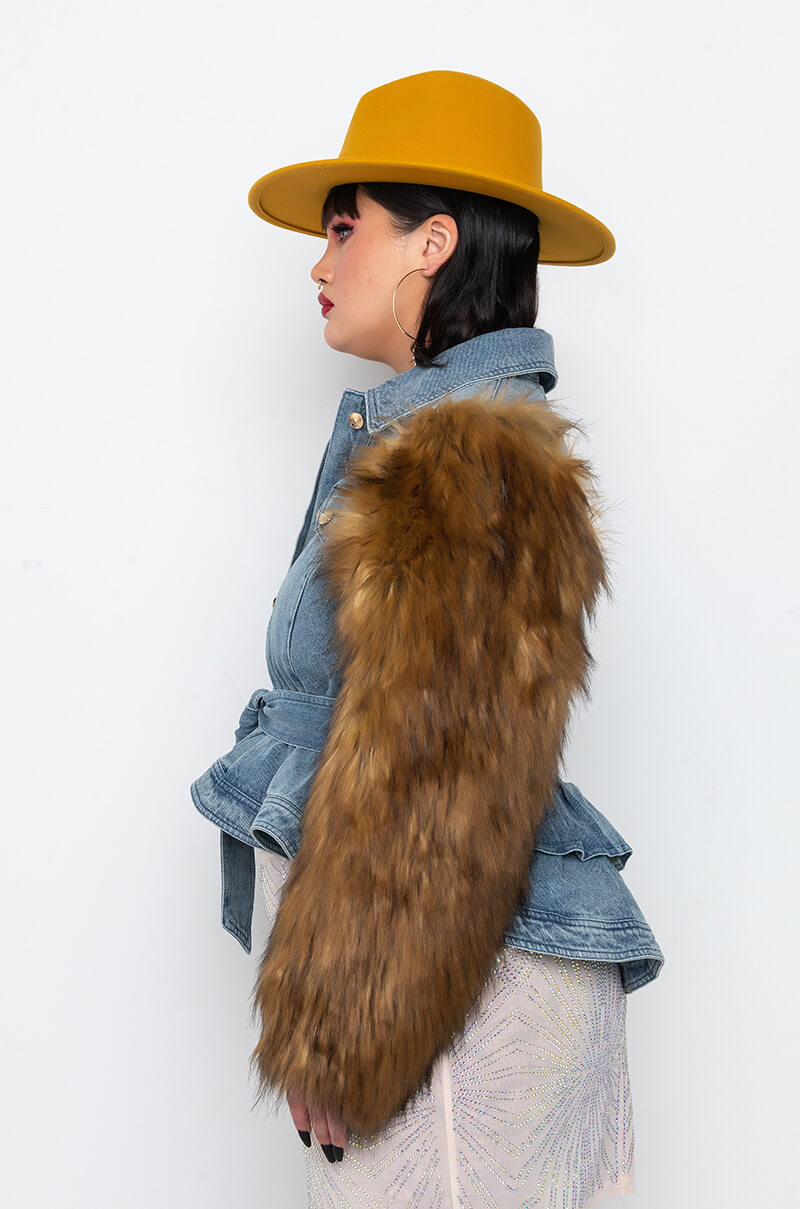 PLUS AZALEA WANG PORTUGAL DENIM FAUX FUR ARM JACKET