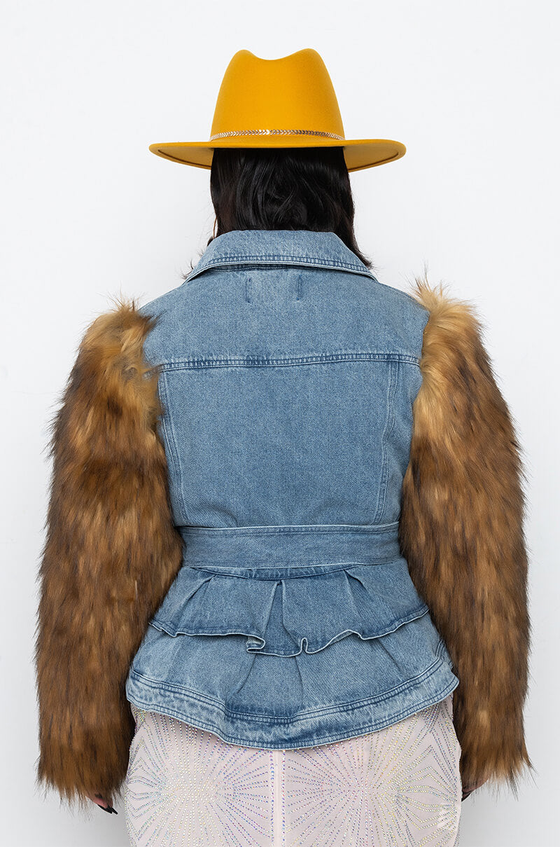 PLUS AZALEA WANG PORTUGAL DENIM FAUX FUR ARM JACKET