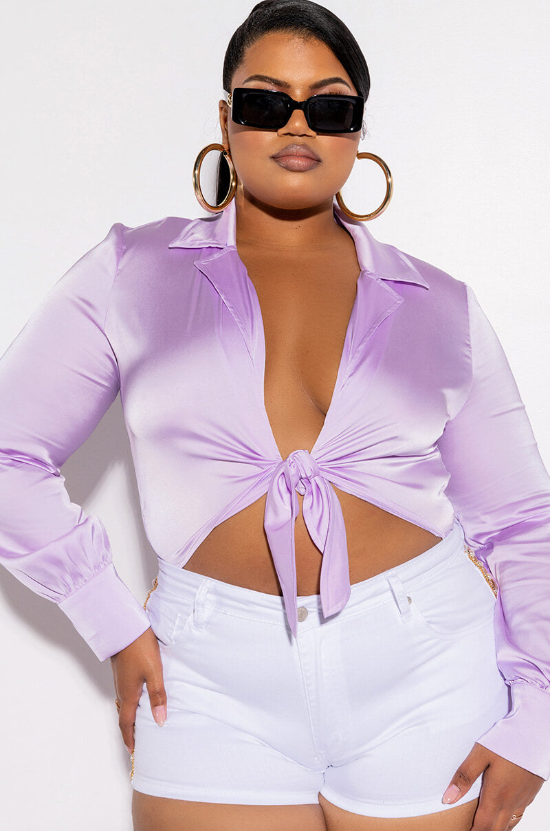 PLUS BETTER BELIEVE IT TIE FRONT SATIN BODYSUIT