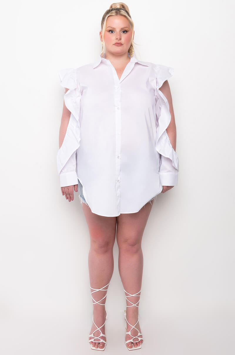 PLUS TYRA RUFFLE SLEEVE POPLIN BLOUSE