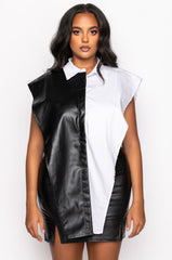 PLUS IVANA FAUX LEATHER PANEL BUTTON DOWN SLEEVELESS BLOUSE