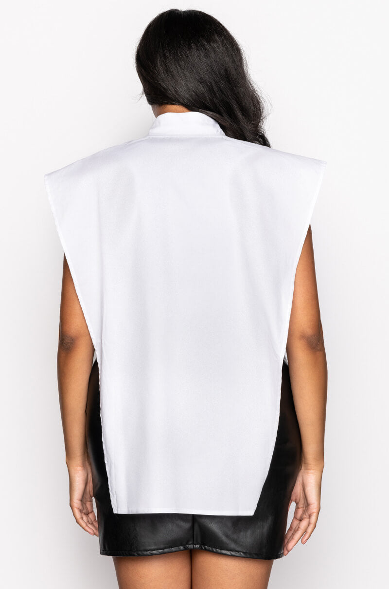 PLUS IVANA FAUX LEATHER PANEL BUTTON DOWN SLEEVELESS BLOUSE