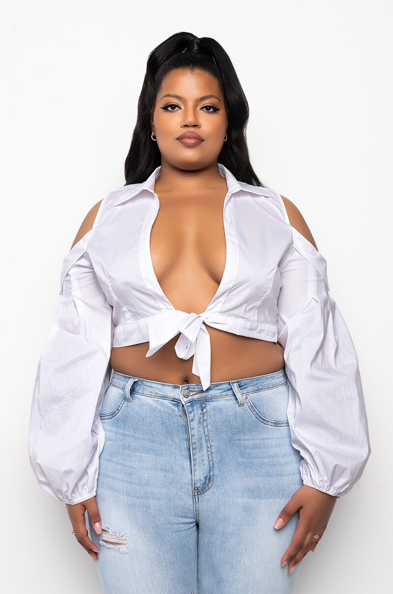 PLUS IM THE BOSS TIE FRONT COLD SHOULDER CROP BLOUSE