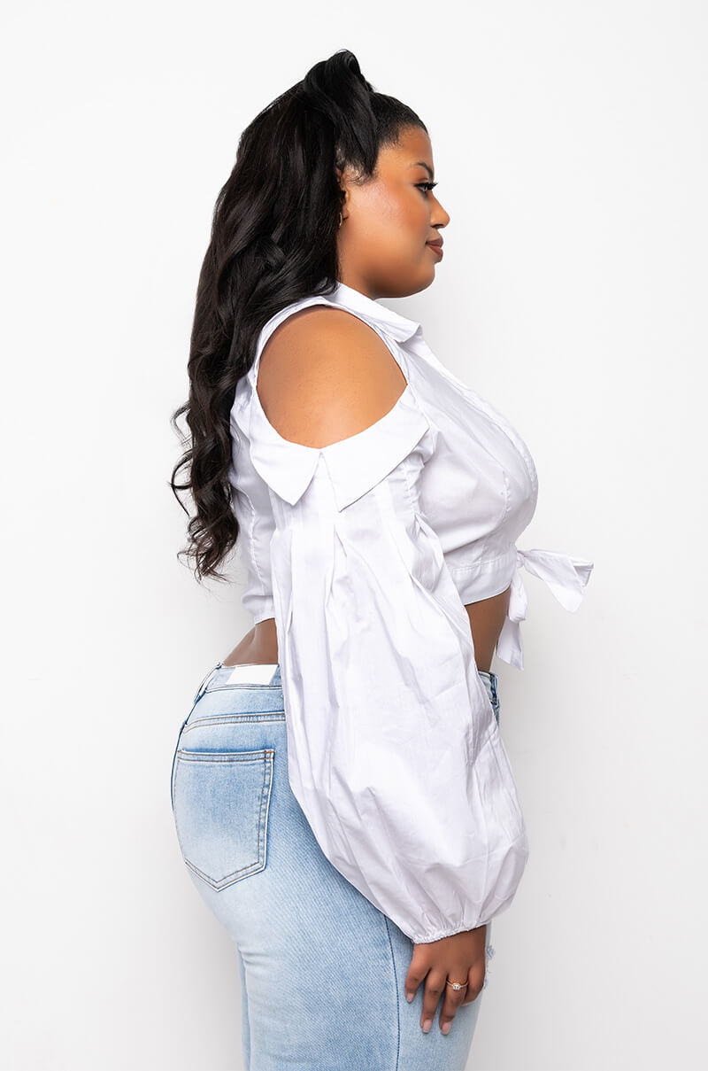 PLUS IM THE BOSS TIE FRONT COLD SHOULDER CROP BLOUSE
