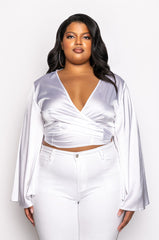 PLUS MAKIN MOVES TIE FRONT BUTTERFLY SLEEVE CROP SATIN BLOUSE