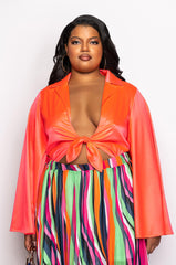 PLUS MARIPOSA TIE FRONT BUTTERFLY SLEEVE SATIN BODYSUIT