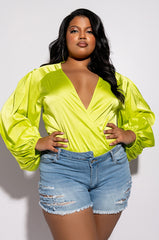PLUS NO PICTURES PLEASE WRAP FRONT LONG SLEEVE SATIN BODYSUIT