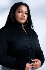 PLUS FITTED QUILTED BOMBER JACKET WITH RIB BODICE