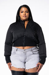 PLUS FITTED QUILTED BOMBER JACKET WITH RIB BODICE