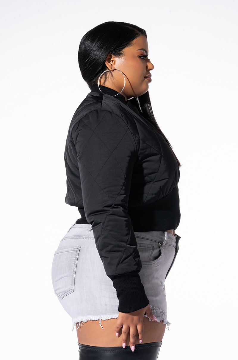 PLUS FITTED QUILTED BOMBER JACKET WITH RIB BODICE