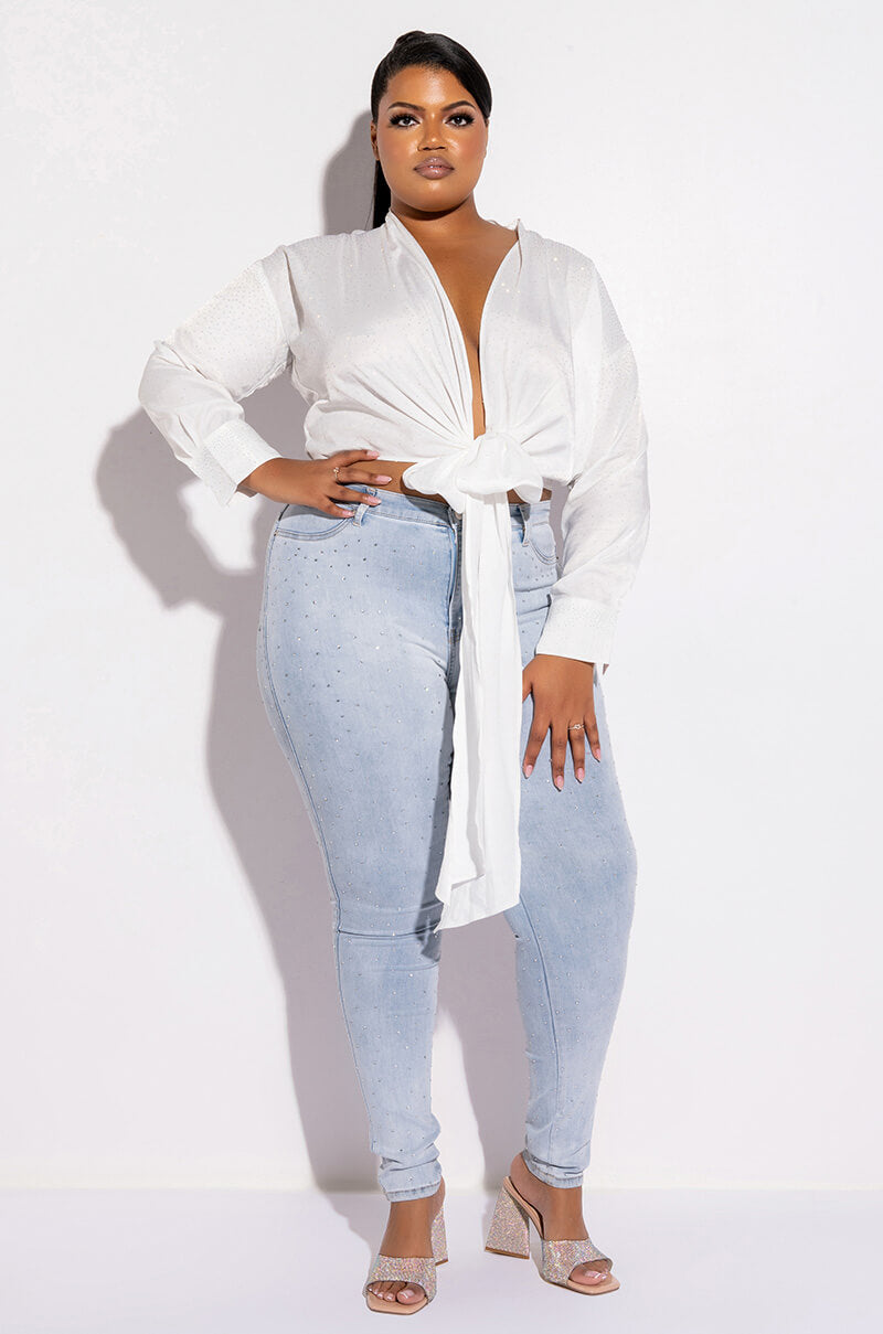 PLUS THE ULTIMATE RHINENSTONE TIE FRONT BLOUSE