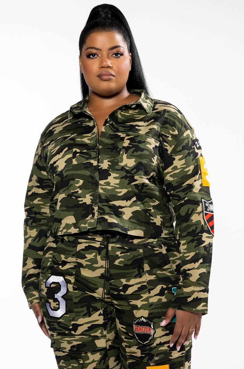 PLUS WHATEVER CAMO BOMBER JACKET