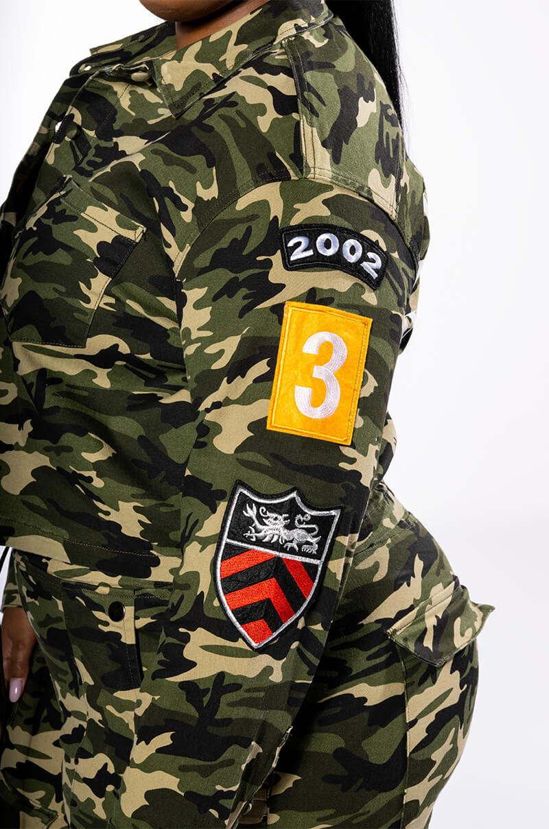 PLUS WHATEVER CAMO BOMBER JACKET
