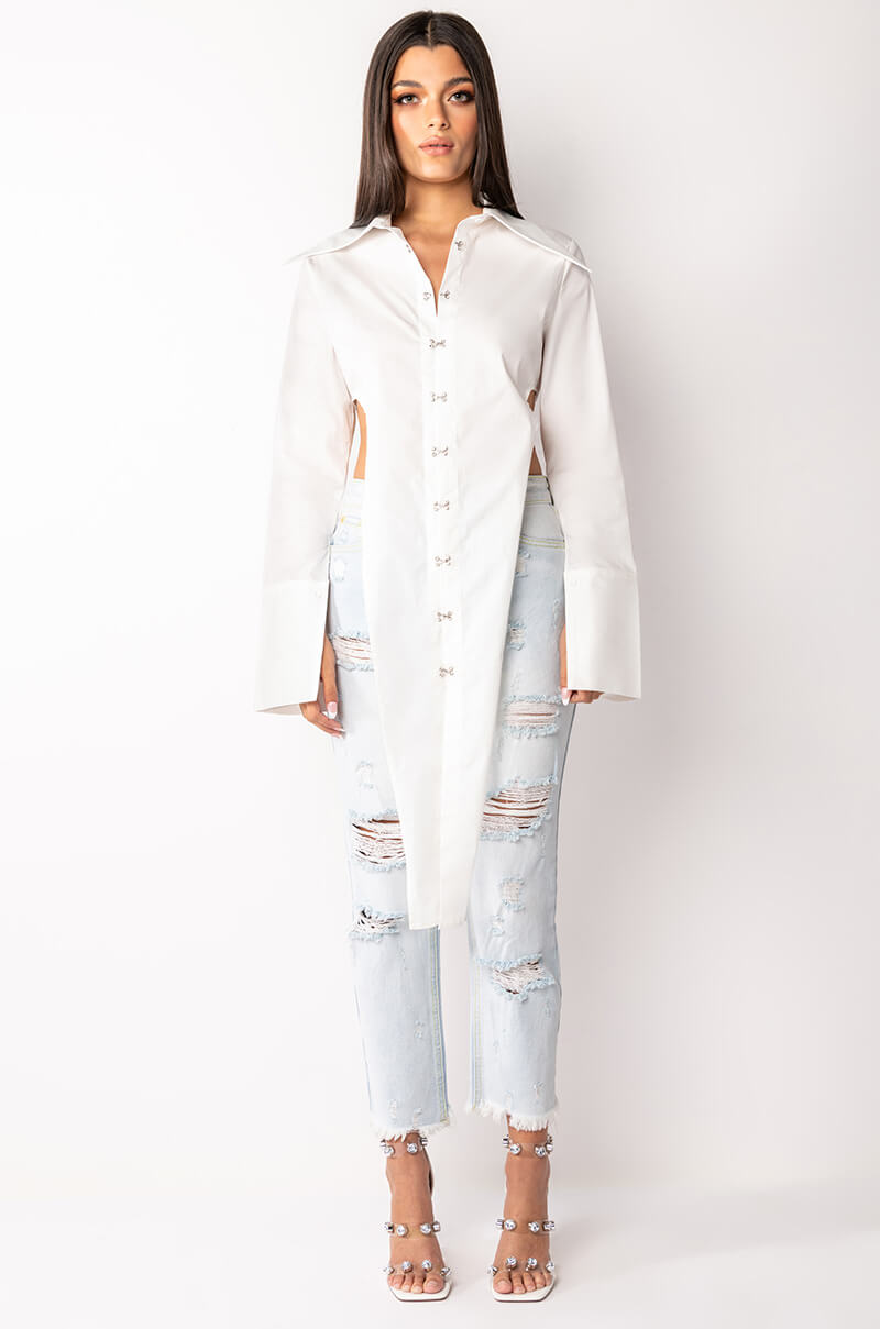 STEVIE HIGH SLIT LONG SLEEVE BLOUSE