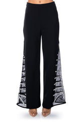 PREMIER RHINESTONE MESH PANEL SATIN WIDE LEG PANT