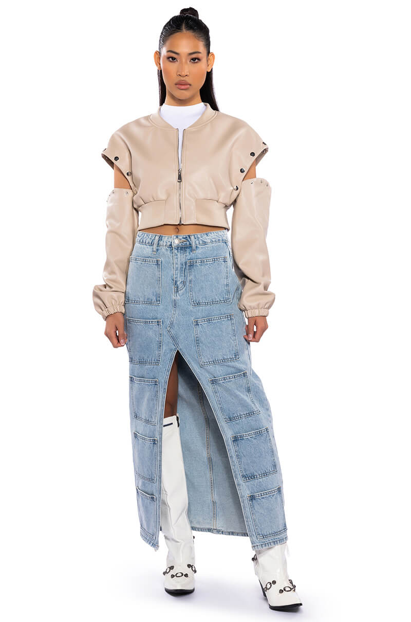 PRESS MY BUTTONS FAUX LEATHER BOMBER
