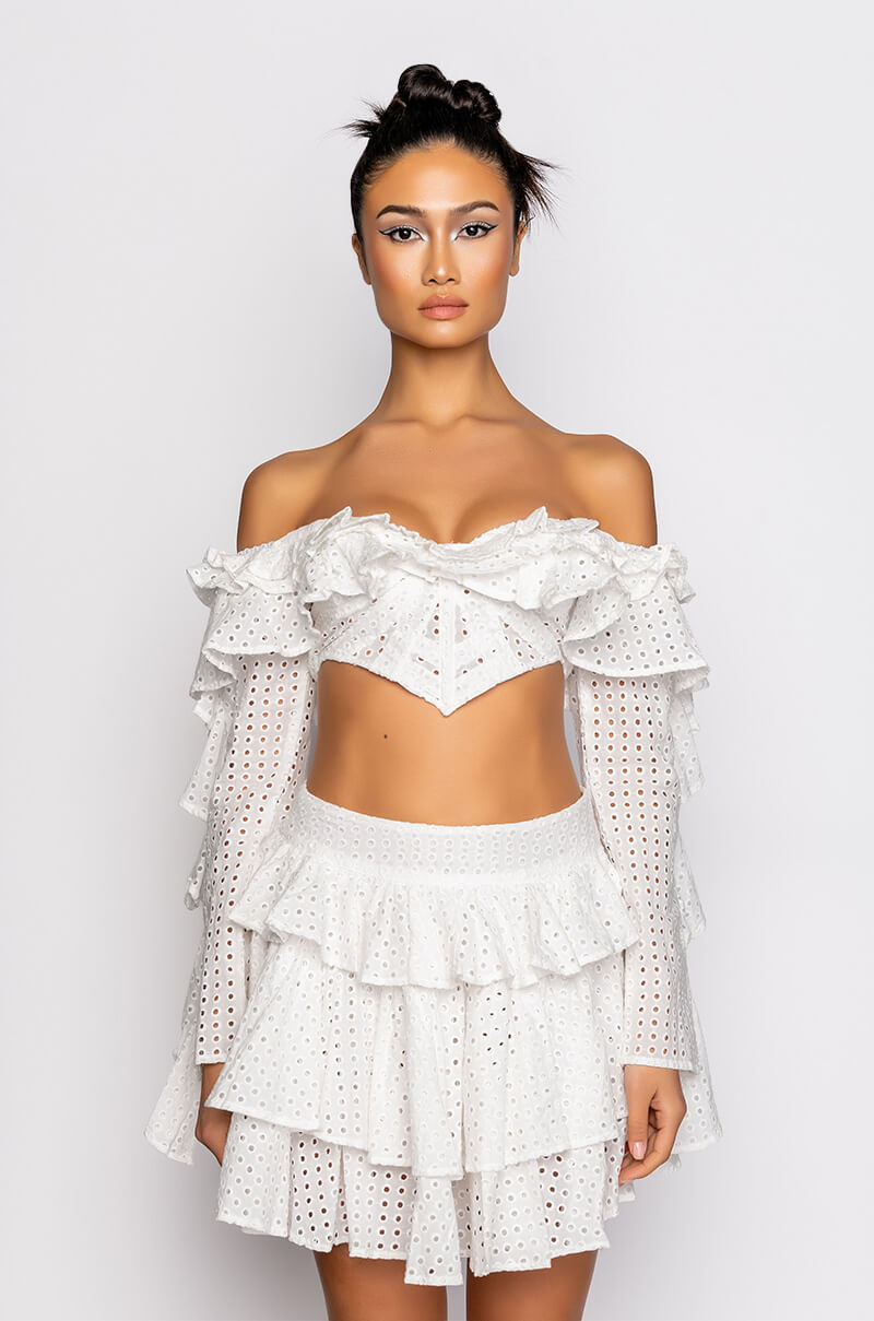 PRETTY LIL THANG EYELET OFF THE SHOULDER BLOUSE