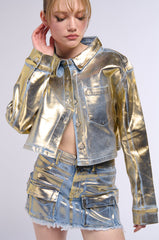 PROCEED WITH CAUTION METALLIC DENIM BUTTON DOWN