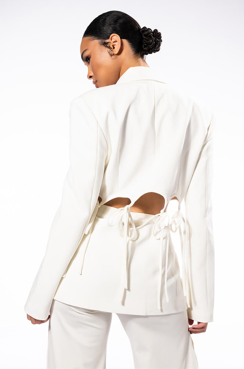 PUT ON A HAPPY FACE WHITE CUT OUT BLAZER