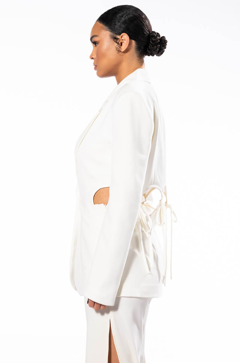 PUT ON A HAPPY FACE WHITE CUT OUT BLAZER