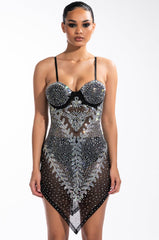 QUEEN OF THOTS RHINESTONE MESH MINI DRESS