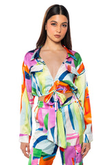 QUINN ABSTRACT PRINTED SATIN TIE FRONT BLOUSE